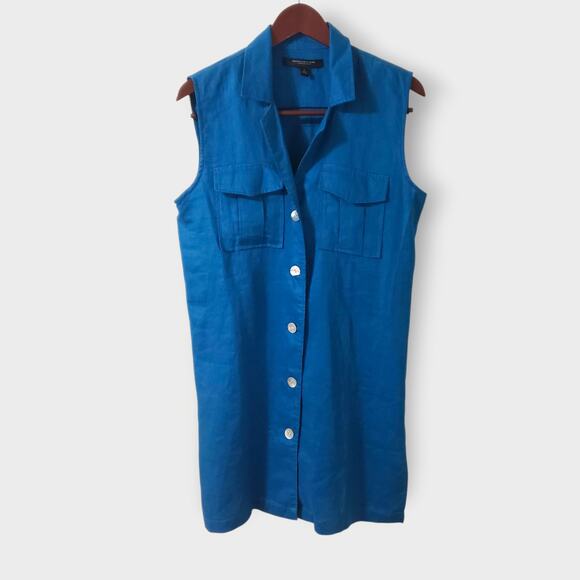 Marc New York 100% Linen Sleeveless Button Front Tunic Top Blue Sz Small Pockets - Picture 1 of 11